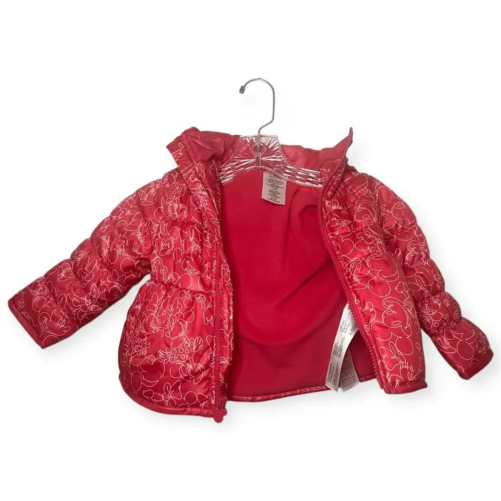 Disney Minnie Mouse Pink Puffer Jacket Toddler Girl Hooded Fleece Lined Coat 2T